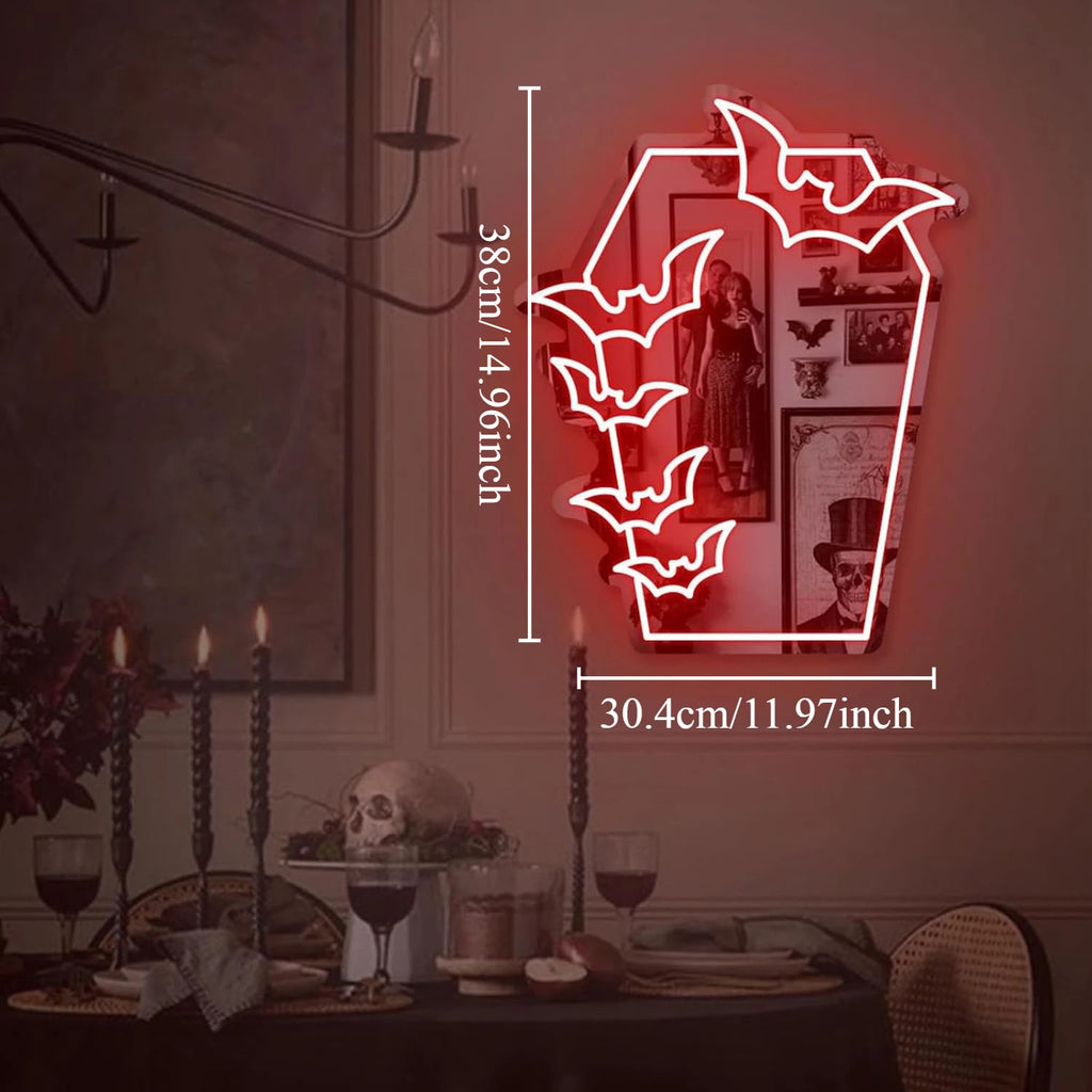 Elevate Your Decor with the Gothic Coffin Bat Neon LED Mirror - USB-Powered Light for a Dark Aesthetic