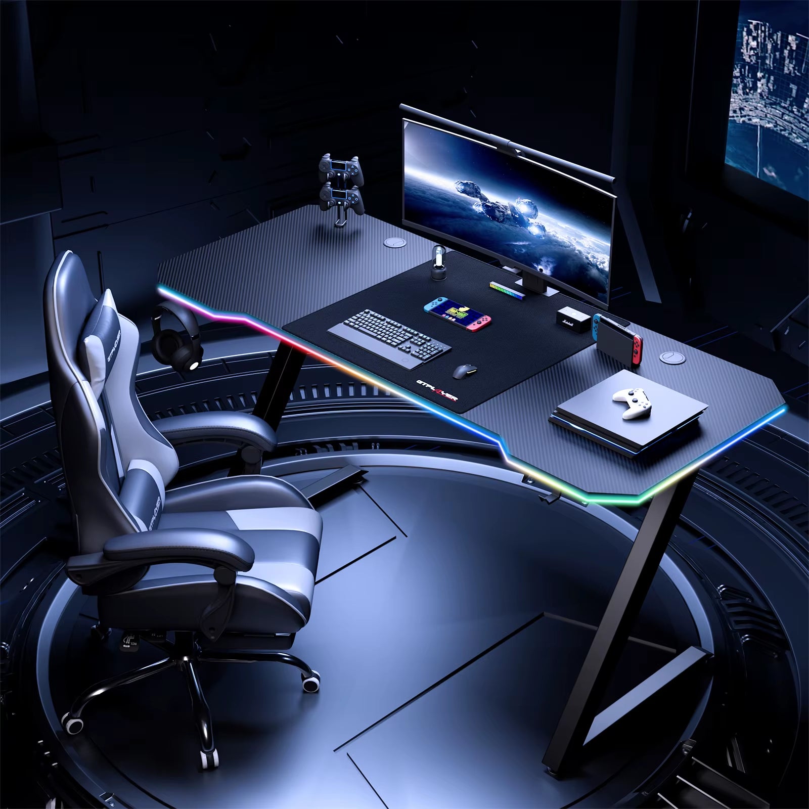 Elevate Your Gaming Experience with the GTPLAYER Sturdy Carbon Fiber Z Frame Gaming Desk - Spacious, Stylish, and Functional!