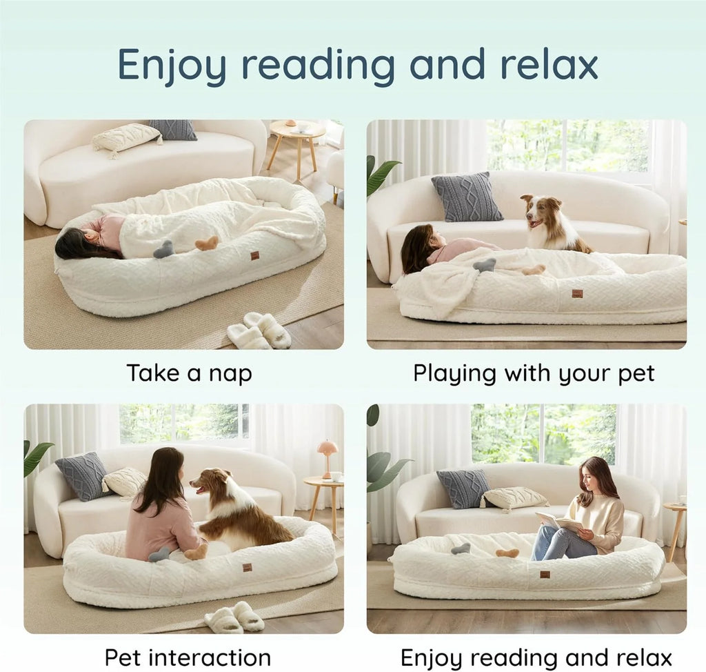 Indulge in Luxury with the Giant Ivory White Human Dog Bed - Orthopedic Foam Comfort with Cozy Blanket and Portable Design