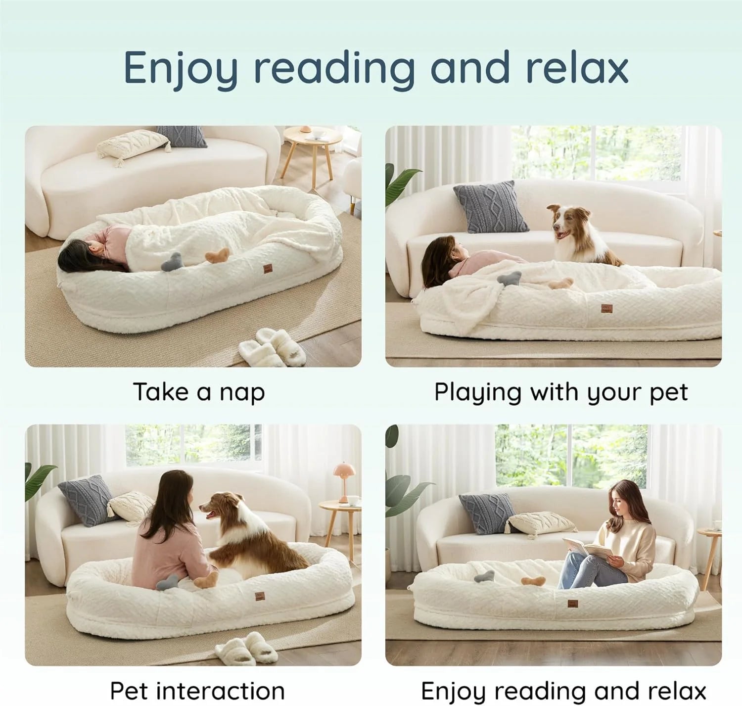 Indulge in Luxury with the Giant Ivory White Human Dog Bed - Orthopedic Foam Comfort with Cozy Blanket and Portable Design