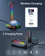 Elevate Your Gaming Setup with the RGB Headphone Stand & Wireless Charger - Stylish Holder with USB-C Ports and 7 Dynamic Lighting Modes in Sleek Black
