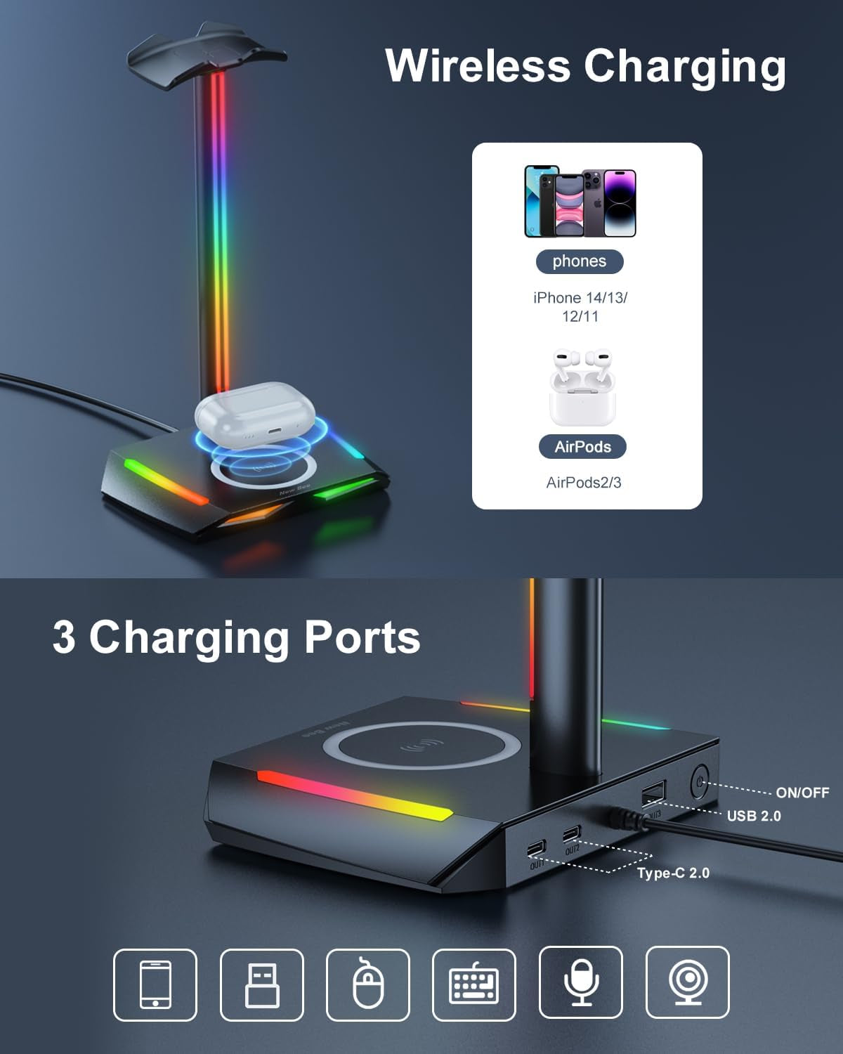 Elevate Your Gaming Setup with the RGB Headphone Stand & Wireless Charger - Stylish Holder with USB-C Ports and 7 Dynamic Lighting Modes in Sleek Black