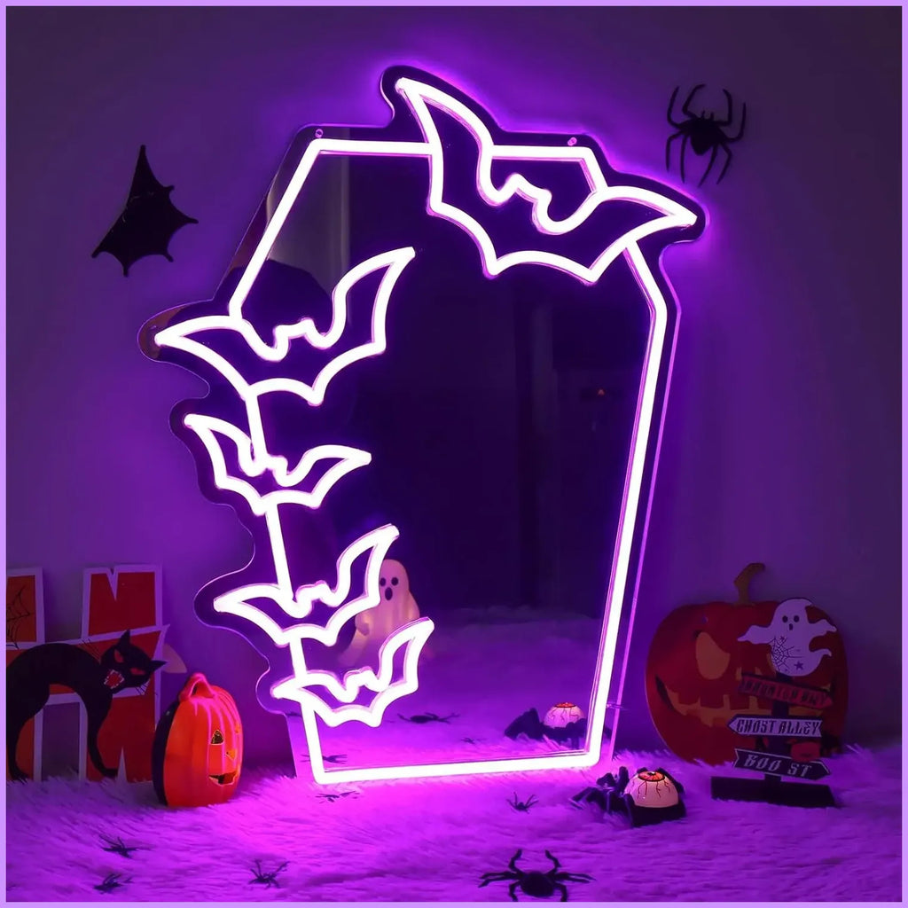 Elevate Your Decor with the Gothic Coffin Bat Neon LED Mirror - USB-Powered Light for a Dark Aesthetic
