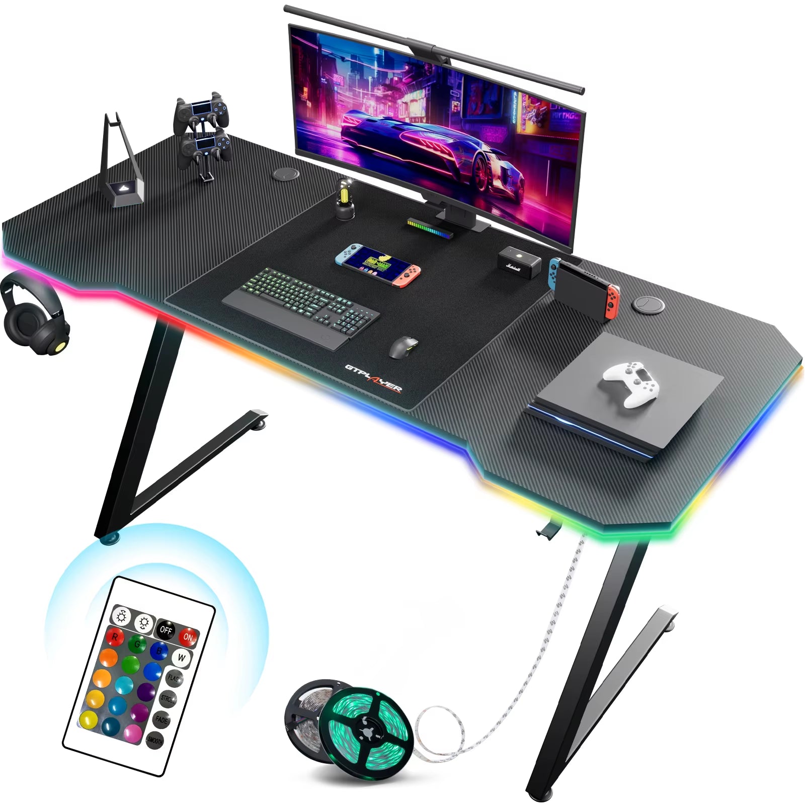 Elevate Your Gaming Experience with the GTPLAYER Sturdy Carbon Fiber Z Frame Gaming Desk - Spacious, Stylish, and Functional!