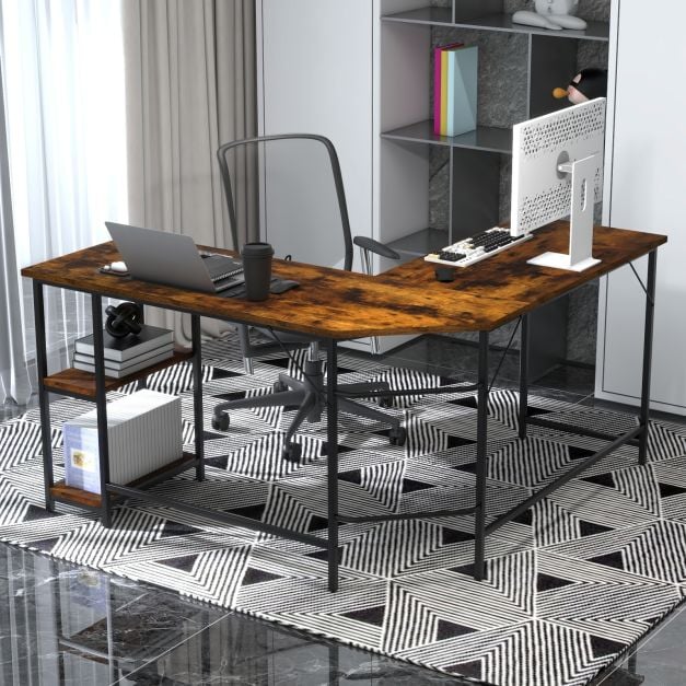 Wood Effect L-Shaped Computer Desk Featuring 2-Tier Shelves - Ideal for Home Office or Bedroom