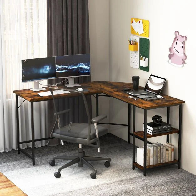 Wood Effect L-Shaped Computer Desk Featuring 2-Tier Shelves - Ideal for Home Office or Bedroom