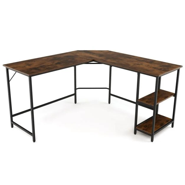 Wood Effect L-Shaped Computer Desk Featuring 2-Tier Shelves - Ideal for Home Office or Bedroom