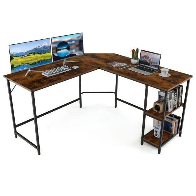 Wood Effect L-Shaped Computer Desk Featuring 2-Tier Shelves - Ideal for Home Office or Bedroom