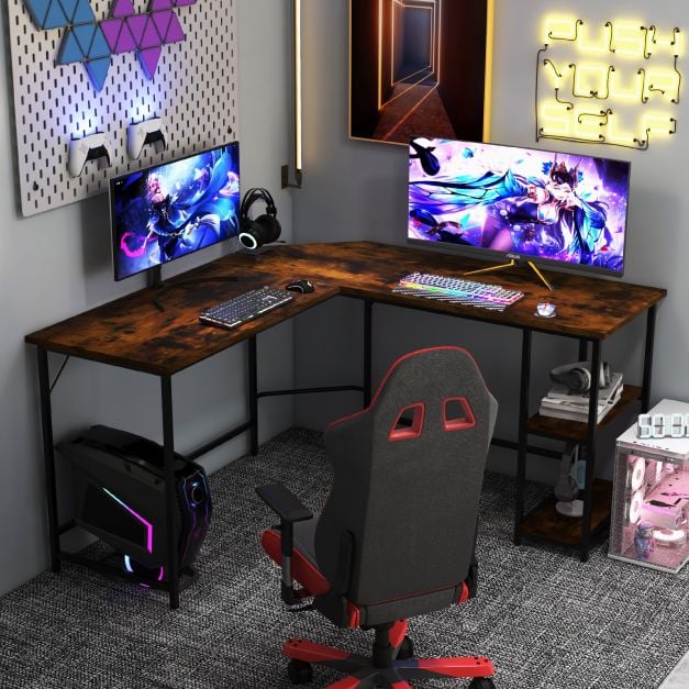 Wood Effect L-Shaped Computer Desk Featuring 2-Tier Shelves - Ideal for Home Office or Bedroom