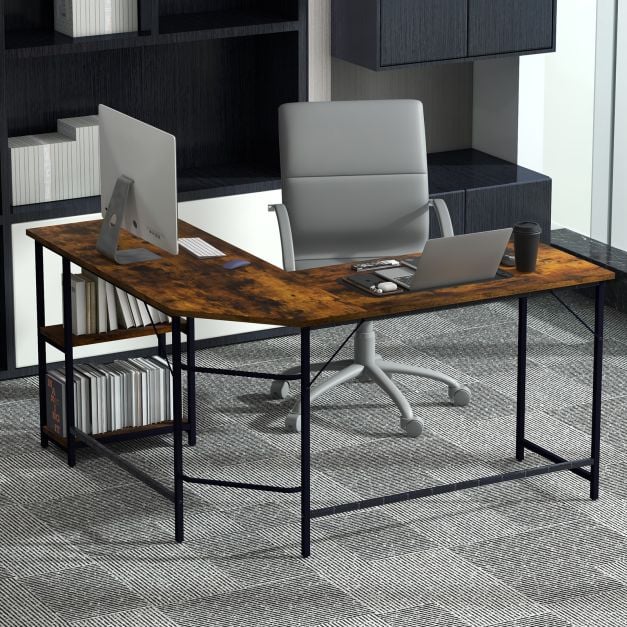 Wood Effect L-Shaped Computer Desk Featuring 2-Tier Shelves - Ideal for Home Office or Bedroom