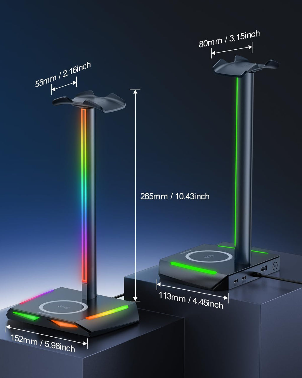 Elevate Your Gaming Setup with the RGB Headphone Stand & Wireless Charger - Stylish Holder with USB-C Ports and 7 Dynamic Lighting Modes in Sleek Black