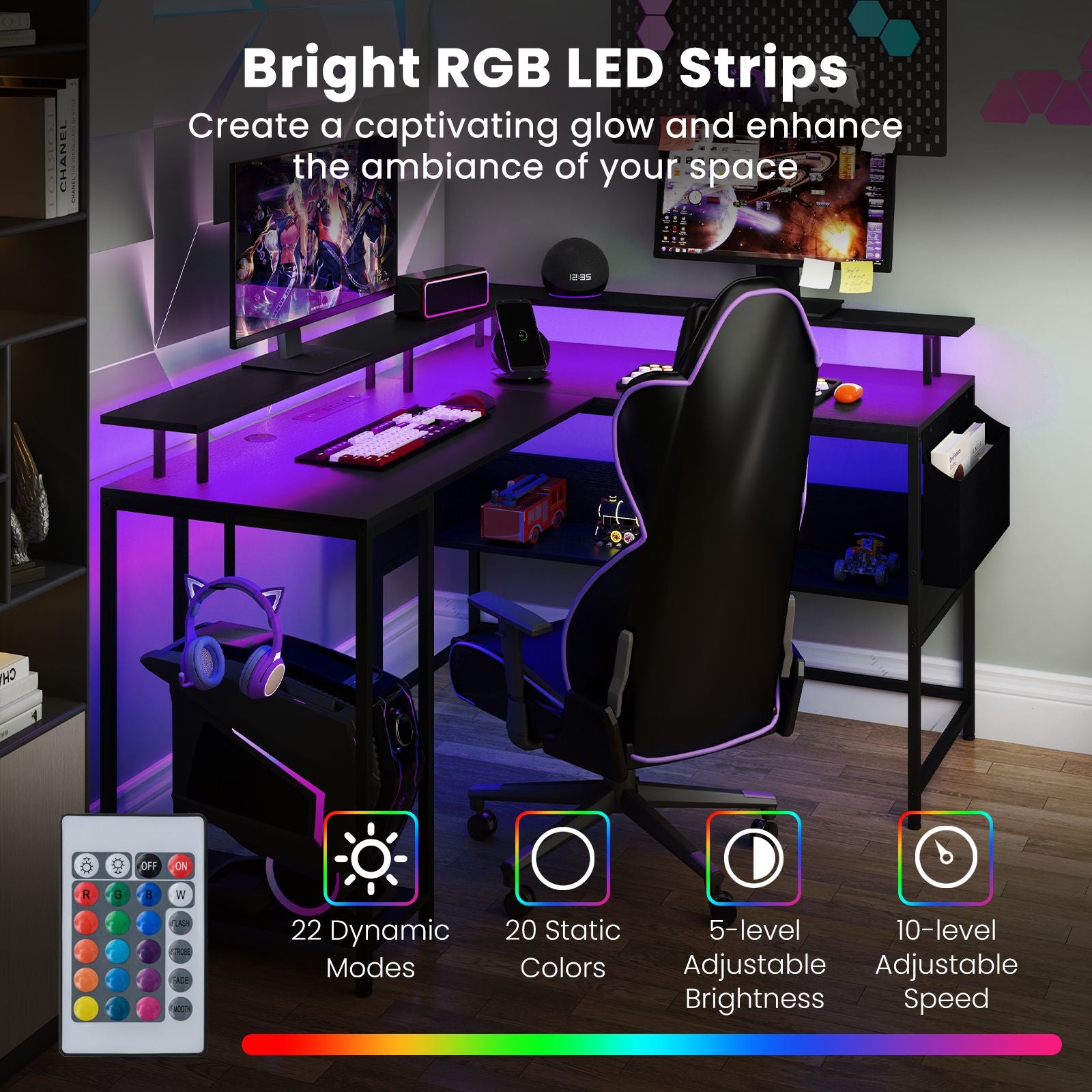 Elevate Your Gaming Experience with Our L-Shaped Gaming Desk Featuring LED Lights and Power Outlets
