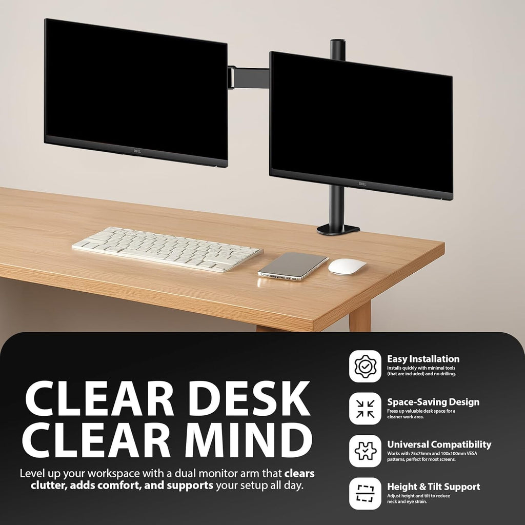 Elevate Your Workspace with the Adjustable Double Twin Arm Desk Mount for 13”-32” LCD Monitors and TVs