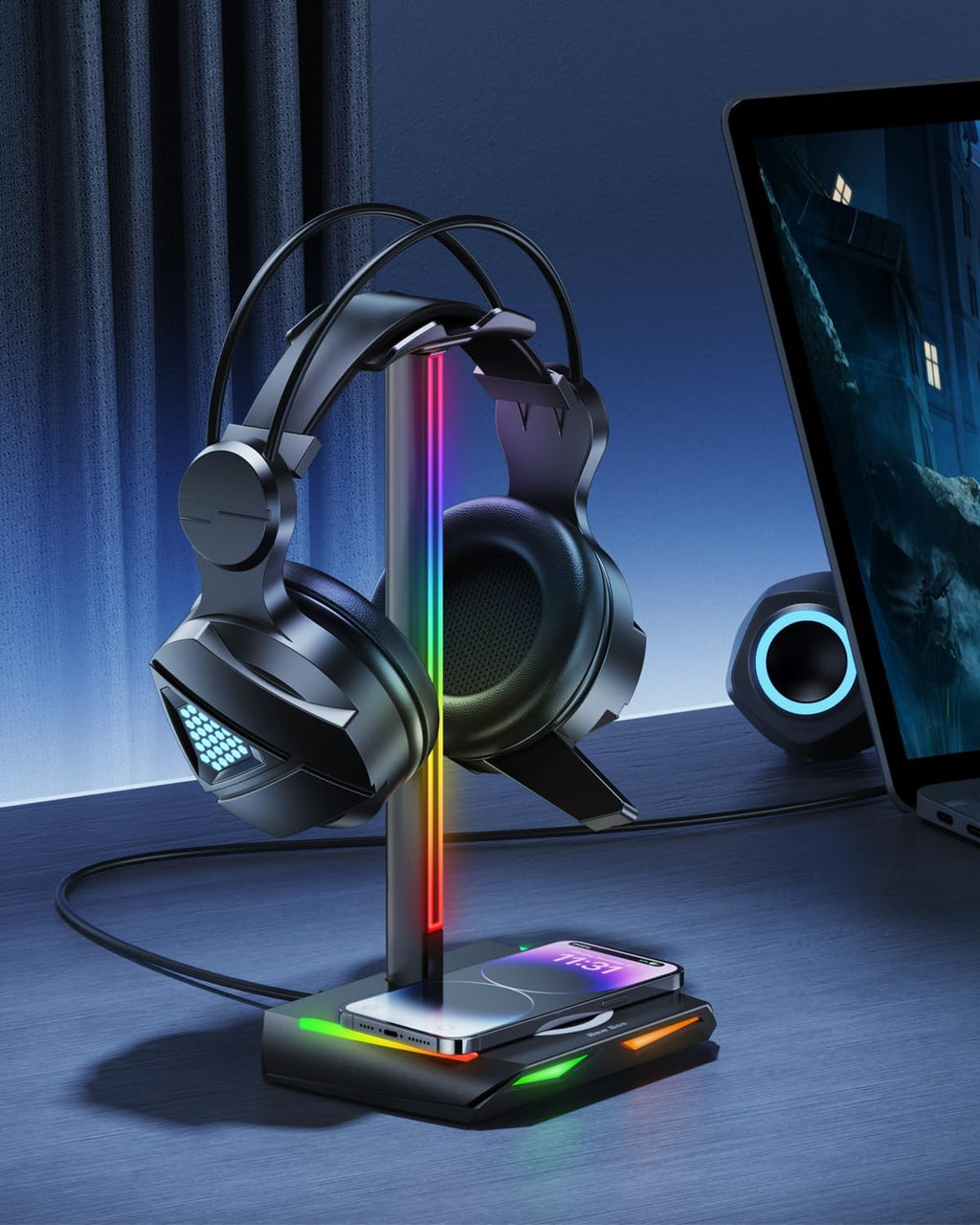 Elevate Your Gaming Setup with the RGB Headphone Stand & Wireless Charger - Stylish Holder with USB-C Ports and 7 Dynamic Lighting Modes in Sleek Black