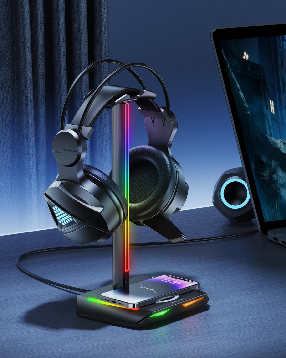 Elevate Your Gaming Setup with the RGB Headphone Stand & Wireless Charger - Stylish Holder with USB-C Ports and 7 Dynamic Lighting Modes in Sleek Black