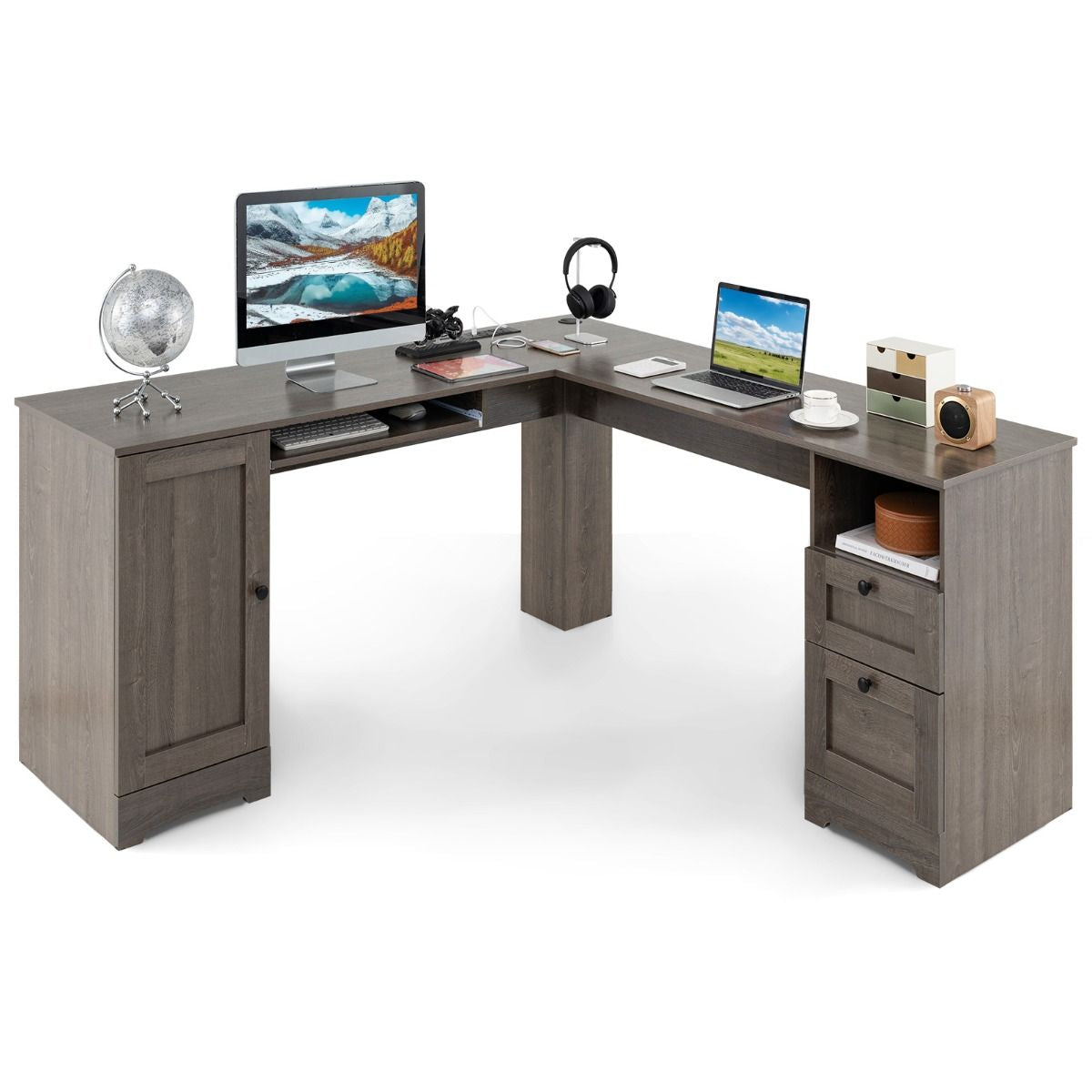 Elevate Your Workspace with the Stylish L-Shaped Computer Desk Featuring Built-in Power Outlets and Ample Storage