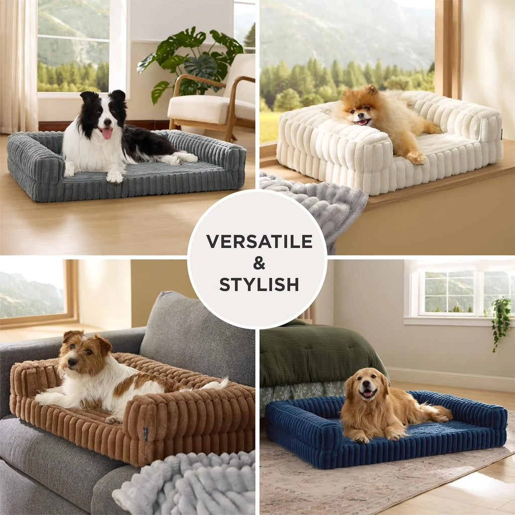 Luxurious Orthopedic Dog Bed for Extra Large Dogs - Waterproof Memory Foam with Supportive Sides, Non-Slip Design & Removable Corduroy Cover in Stylish Grey