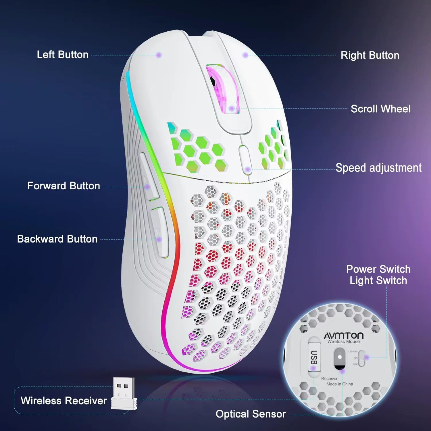 Experience Ultimate Control with the 2.4G Wireless RGB Gaming Mouse - Ergonomic Honeycomb Design, Rechargeable, and 6-Button Functionality