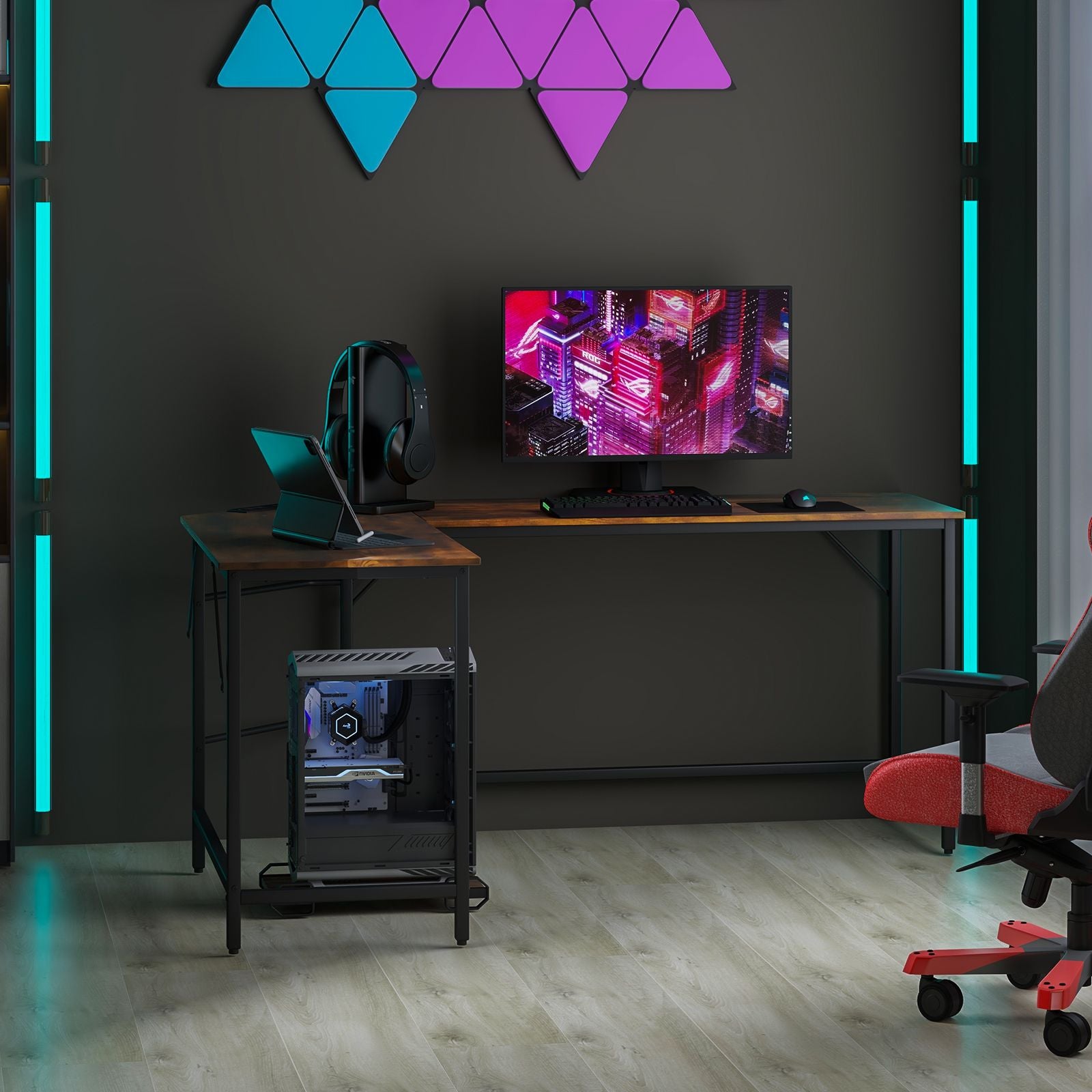 Versatile L-Shaped Desk with Integrated Power Outlet and Sturdy Metal Frame for Ultimate Workspace Efficiency