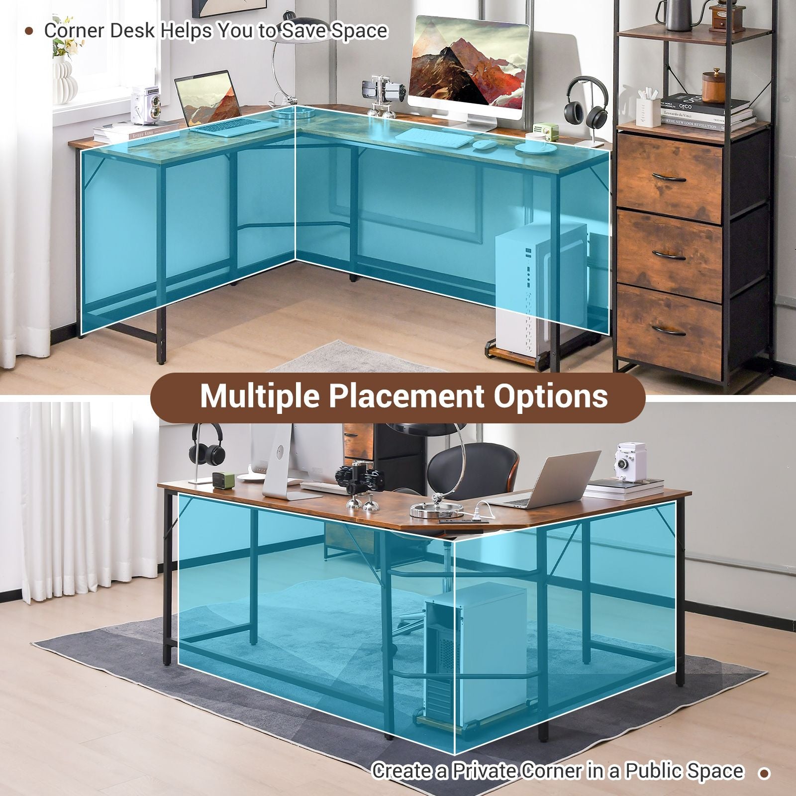 Versatile L-Shaped Desk with Integrated Power Outlet and Sturdy Metal Frame for Ultimate Workspace Efficiency