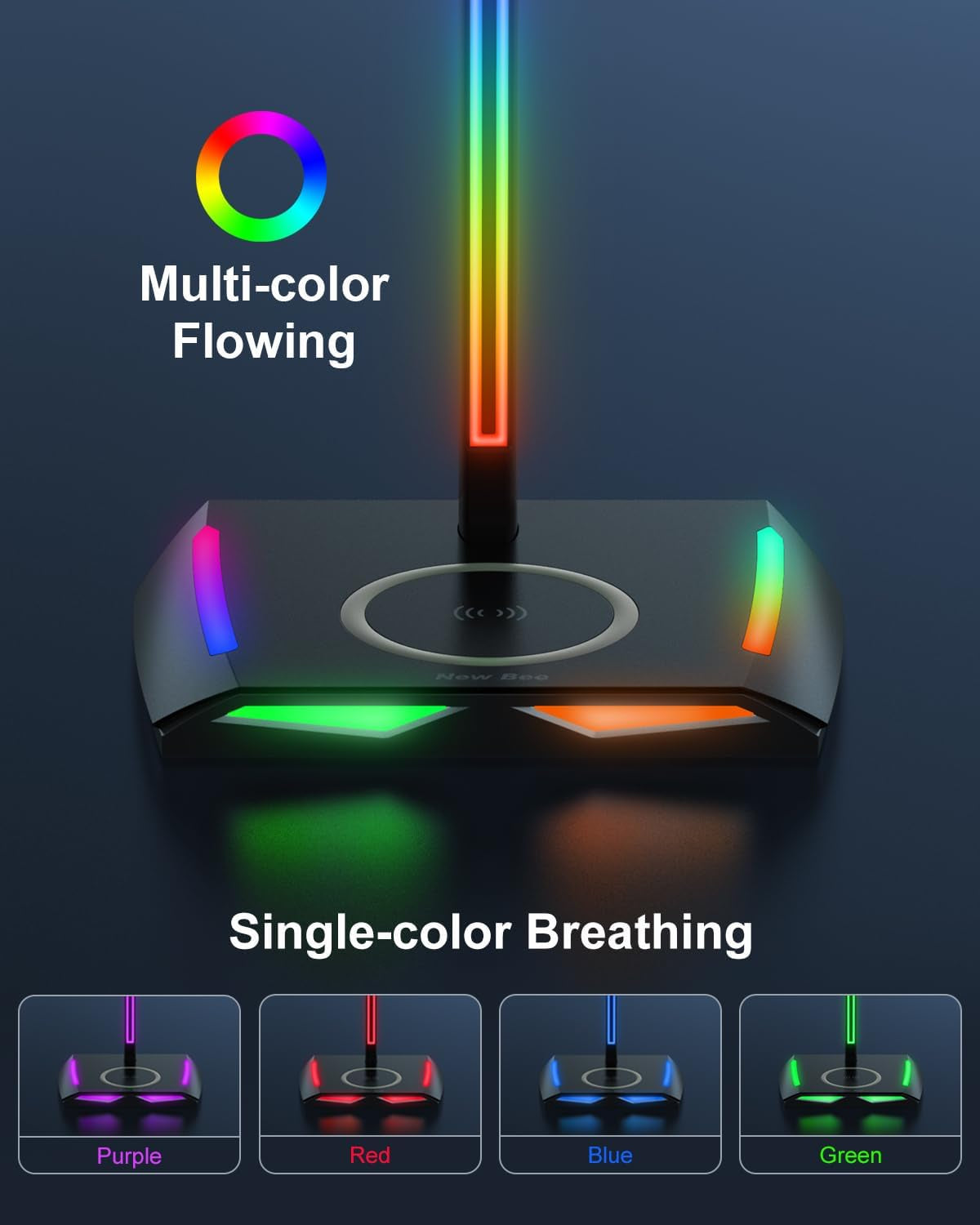 Elevate Your Gaming Setup with the RGB Headphone Stand & Wireless Charger - Stylish Holder with USB-C Ports and 7 Dynamic Lighting Modes in Sleek Black
