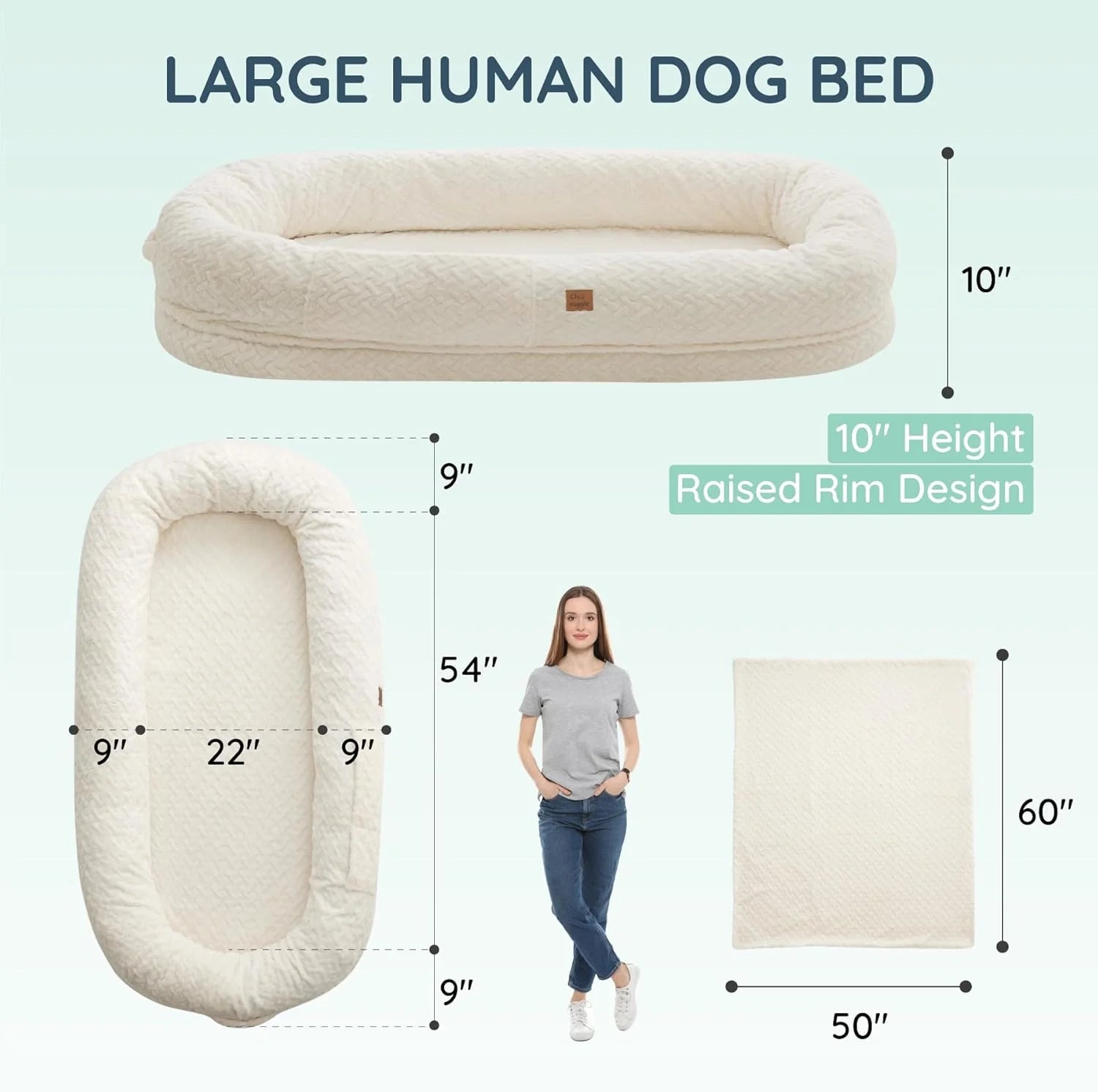 Indulge in Luxury with the Giant Ivory White Human Dog Bed - Orthopedic Foam Comfort with Cozy Blanket and Portable Design