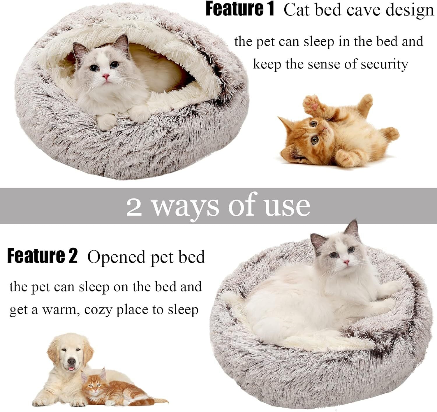 Indulge Your Pet with the Ultimate Hooded Faux Fur Cave Bed for Cats and Dogs - Soft, Cozy, and Calming Retreat