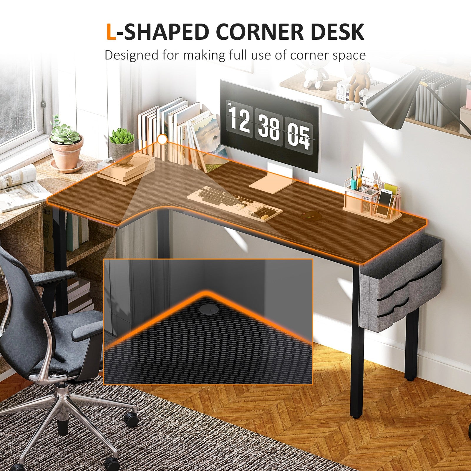 Stylish L-Shaped Corner Desk with Fabric Bag and Hooks - Perfect for Your Home Office or Study