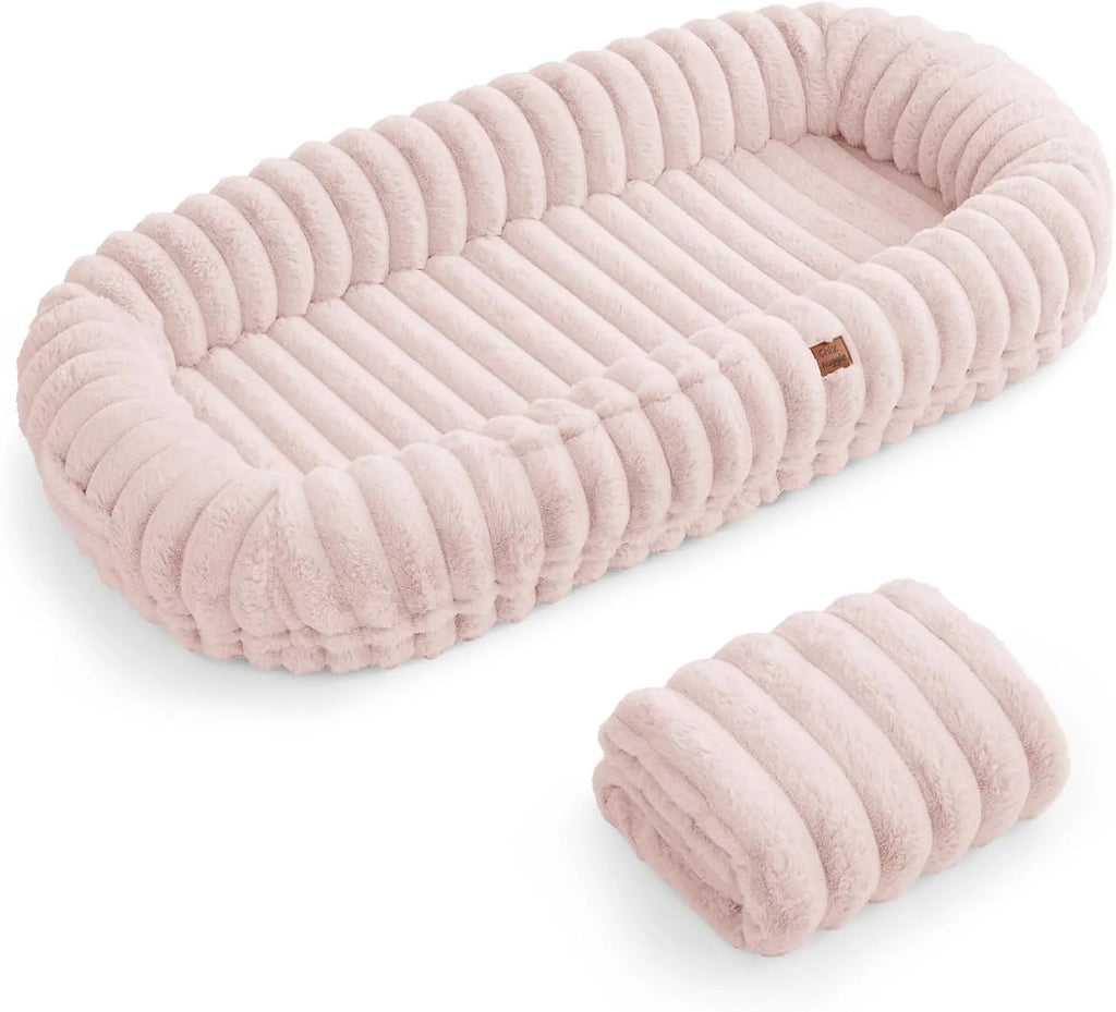 Indulge in Comfort: Luxury Striped Faux Fur Human Dog Bed with Orthopedic Foam and Cozy Blanket - Perfect for You and Your Pet!