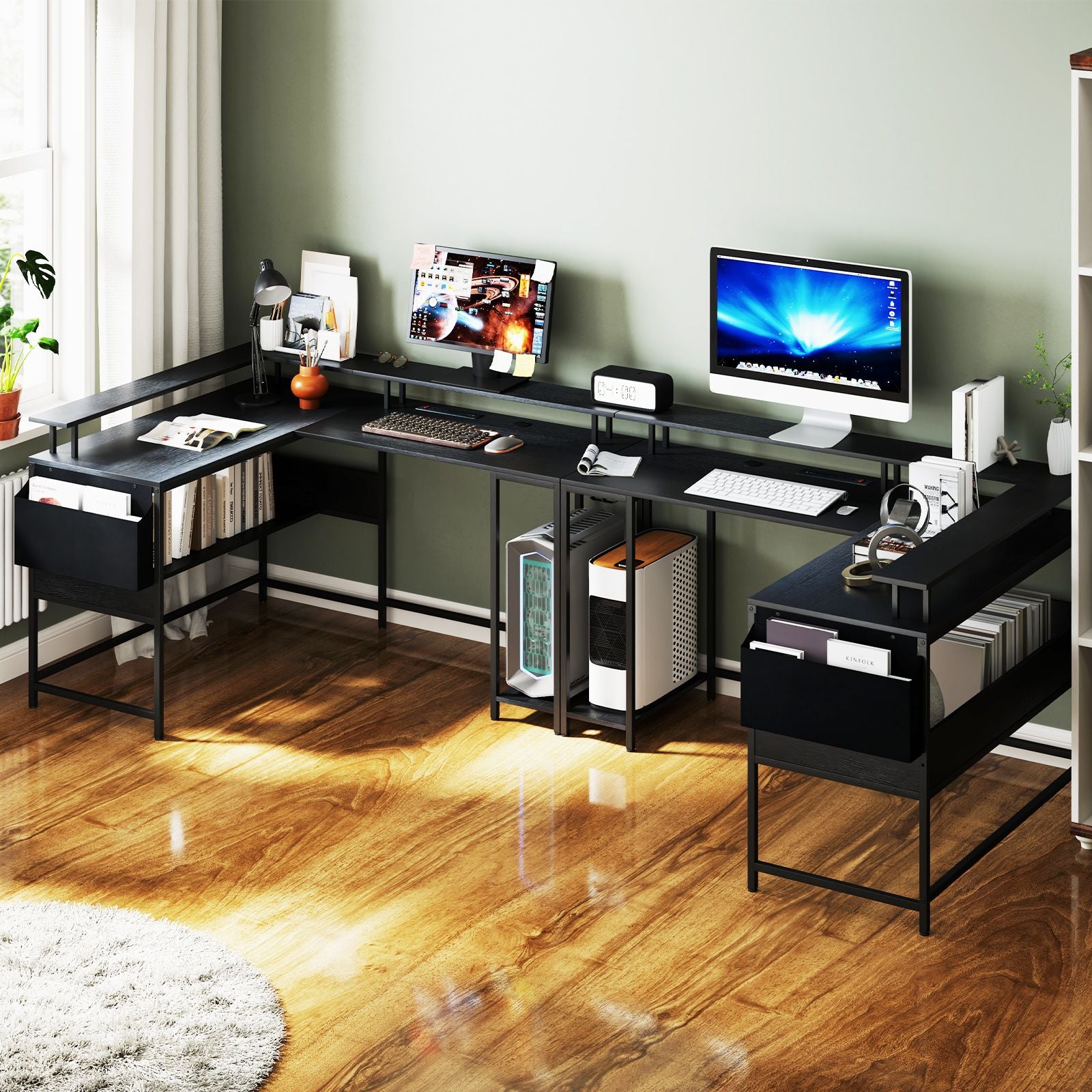 Elevate Your Gaming Experience with Our L-Shaped Gaming Desk Featuring LED Lights and Power Outlets
