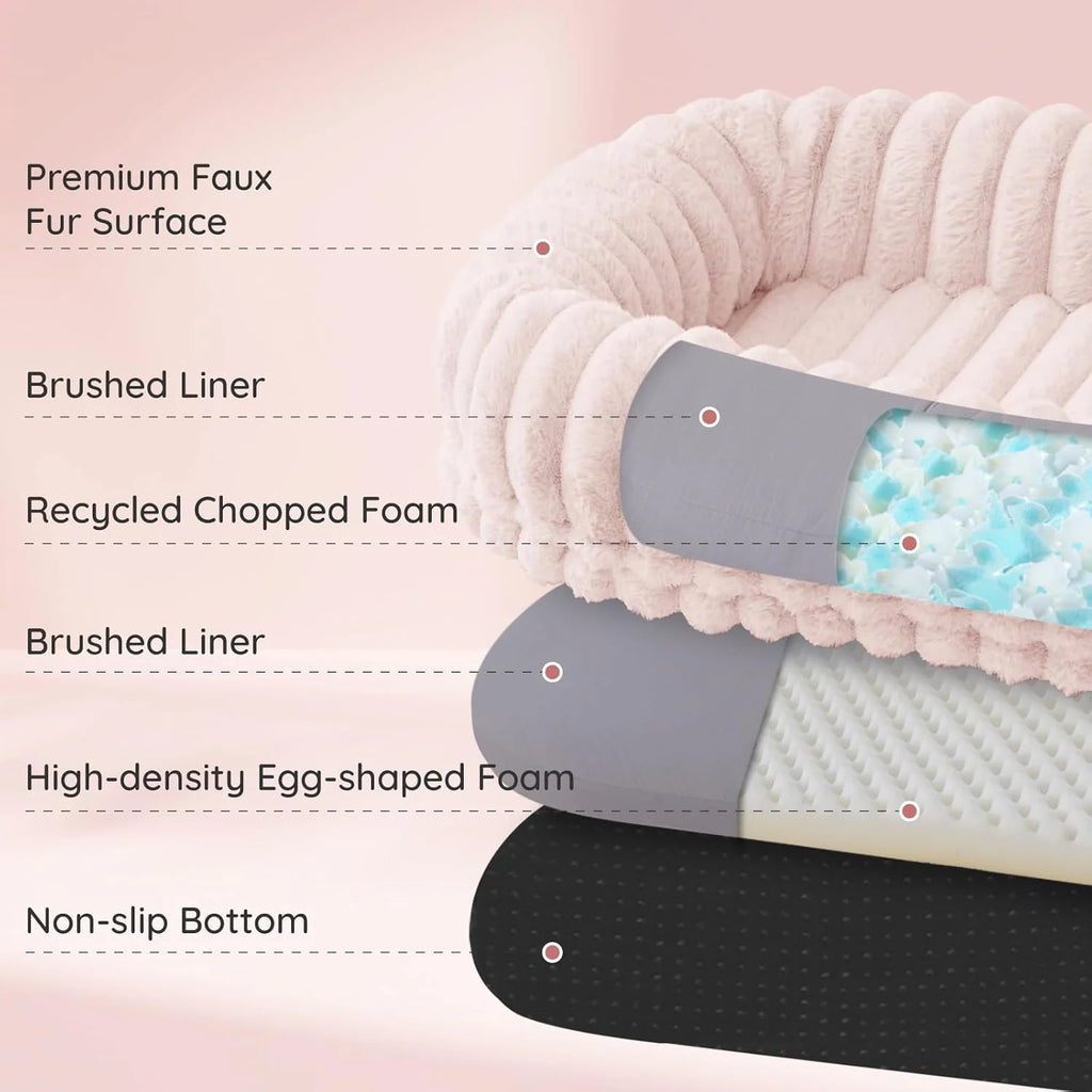 Indulge in Comfort: Luxury Striped Faux Fur Human Dog Bed with Orthopedic Foam and Cozy Blanket - Perfect for You and Your Pet!