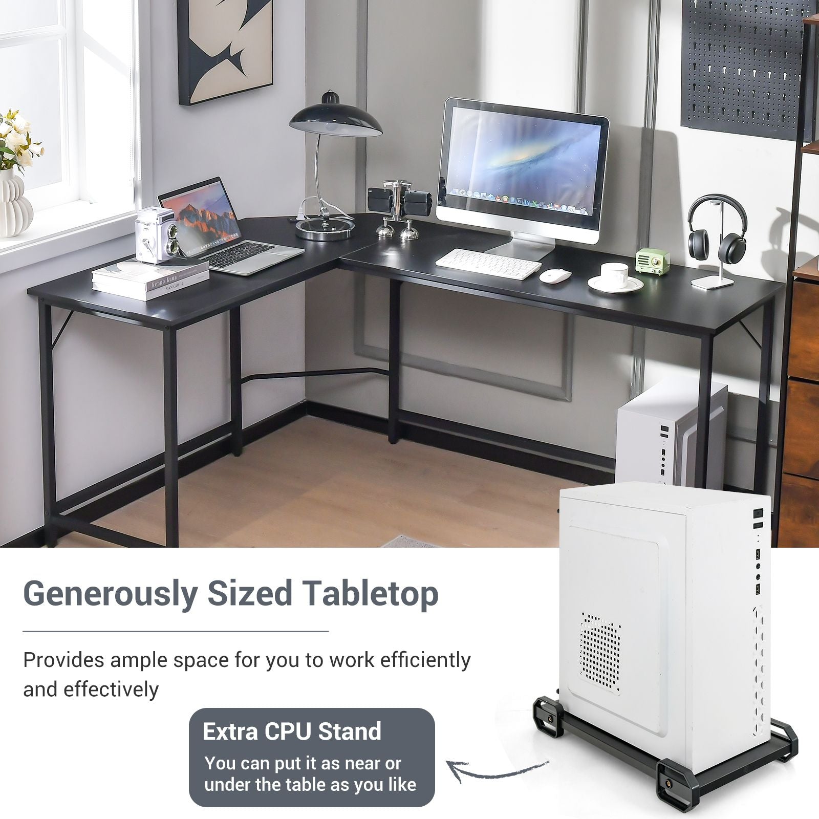 Versatile L-Shaped Desk with Integrated Power Outlet and Sturdy Metal Frame for Ultimate Workspace Efficiency