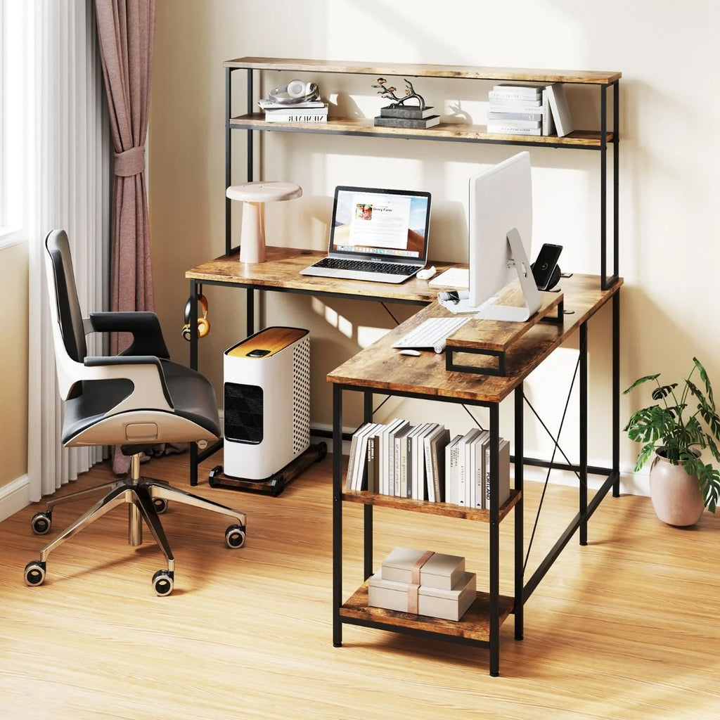 L-Shaped Gaming Desk with LED Strip and Power Outlets