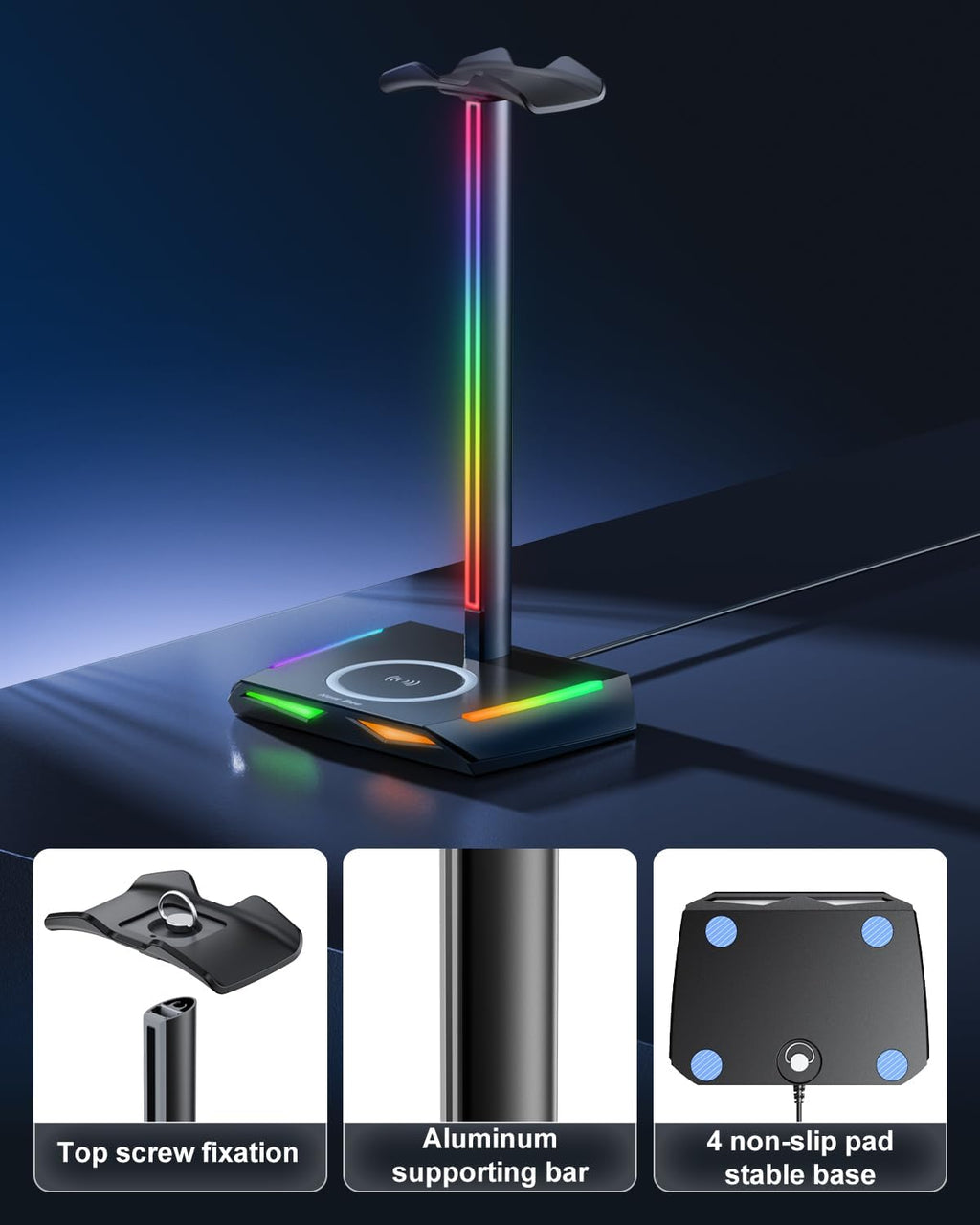 Elevate Your Gaming Setup with the RGB Headphone Stand & Wireless Charger - Stylish Holder with USB-C Ports and 7 Dynamic Lighting Modes in Sleek Black