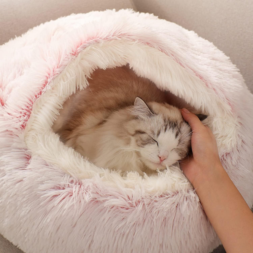 Indulge Your Pet with the Ultimate Hooded Faux Fur Cave Bed for Cats and Dogs - Soft, Cozy, and Calming Retreat