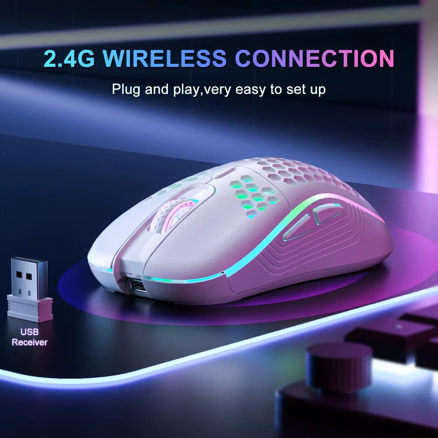 Experience Ultimate Control with the 2.4G Wireless RGB Gaming Mouse - Ergonomic Honeycomb Design, Rechargeable, and 6-Button Functionality