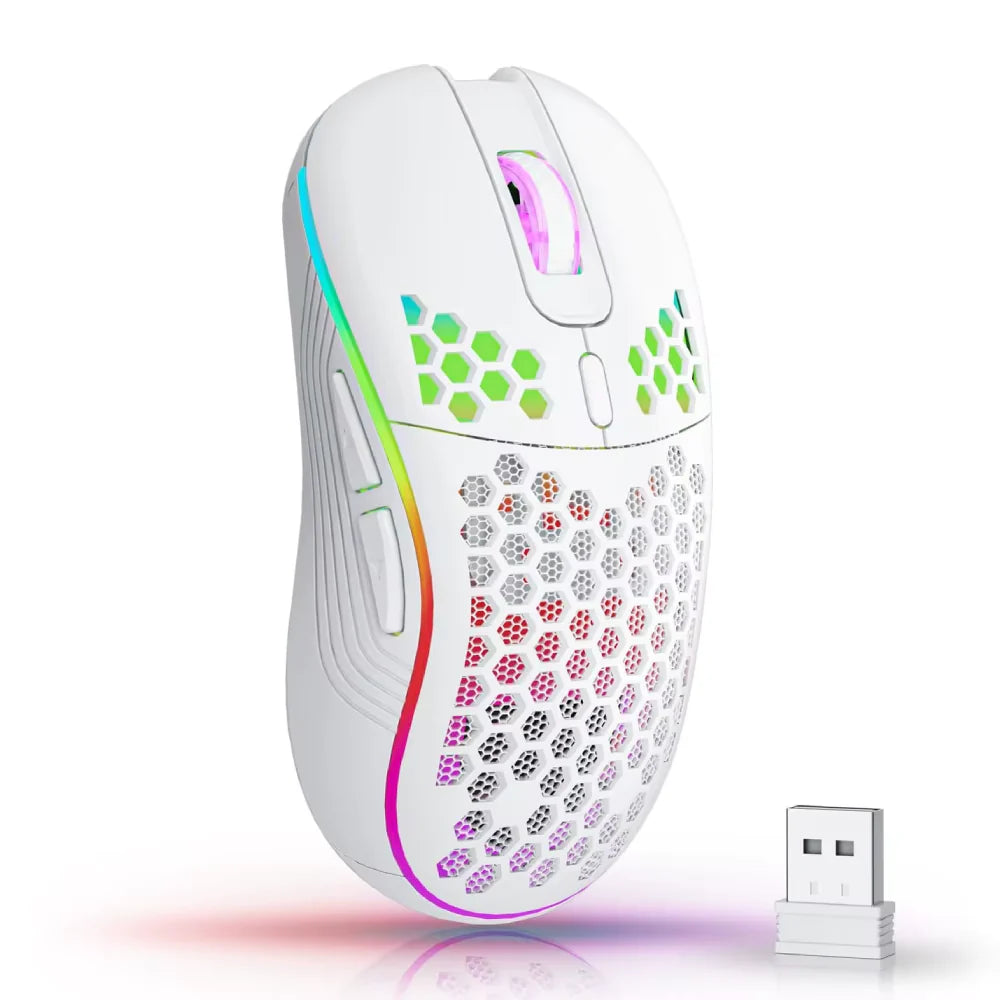 Experience Ultimate Control with the 2.4G Wireless RGB Gaming Mouse - Ergonomic Honeycomb Design, Rechargeable, and 6-Button Functionality