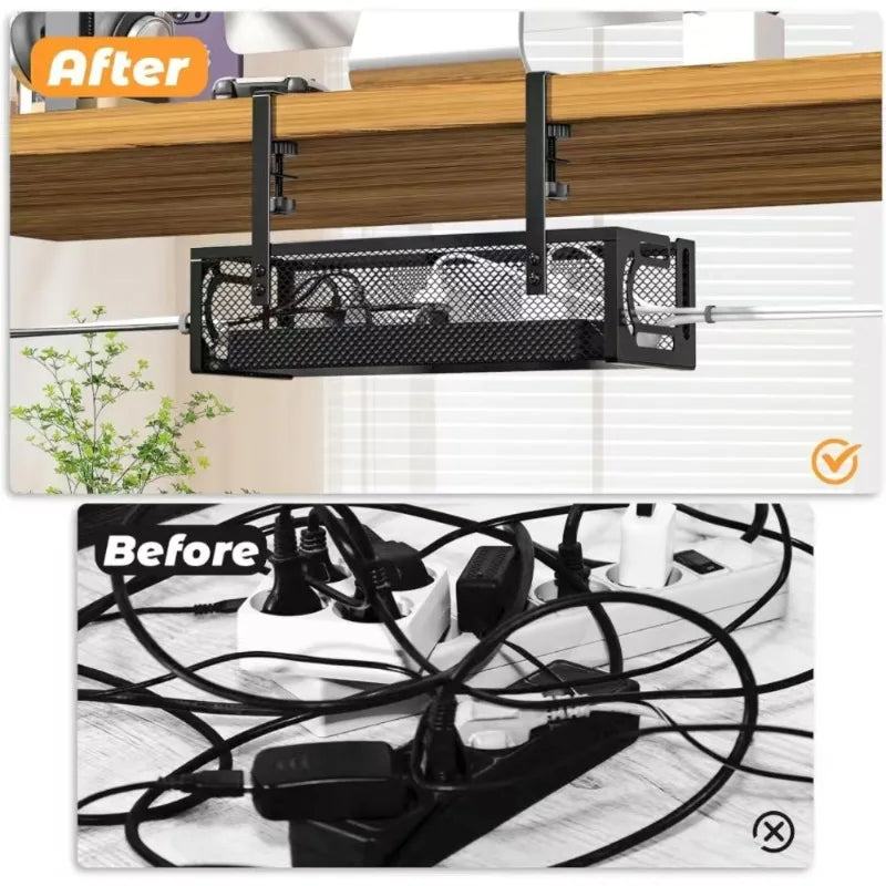Transform Your Workspace with Our No-Drill Under-Desk Cable Management Tray - Clip-On Metal Mesh Organizer for a Tidy Home Office!
