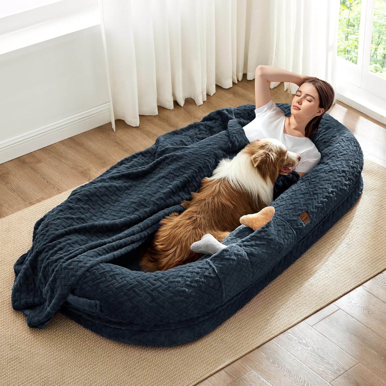 Indulge in Luxury with the Giant Human Dog Bed - Cozy Faux Fur, Orthopedic Foam, and a Soft Blanket in Navy