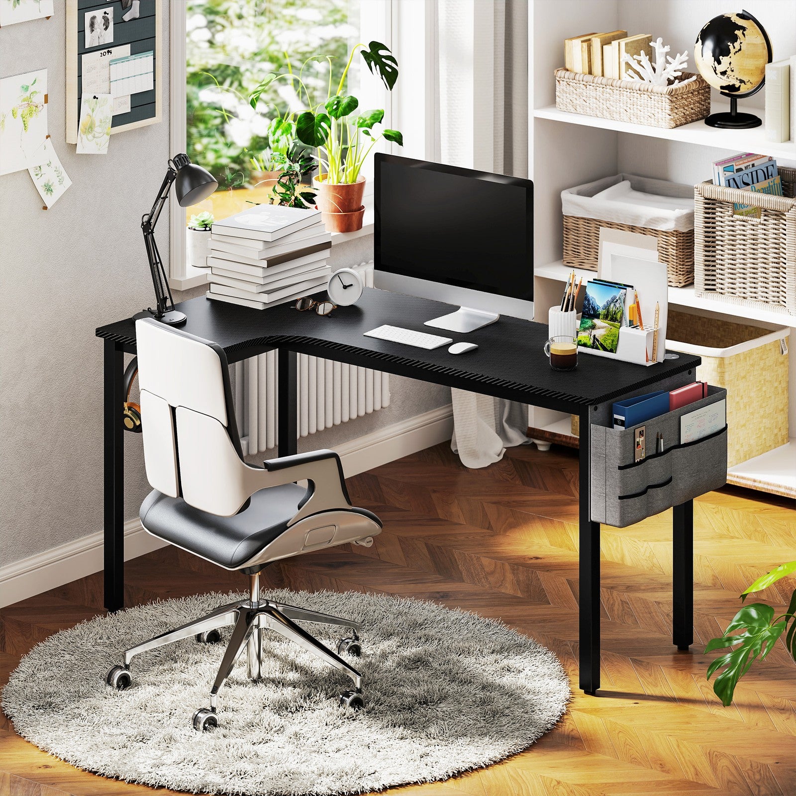 Stylish L-Shaped Corner Desk with Fabric Bag and Hooks - Perfect for Your Home Office or Study
