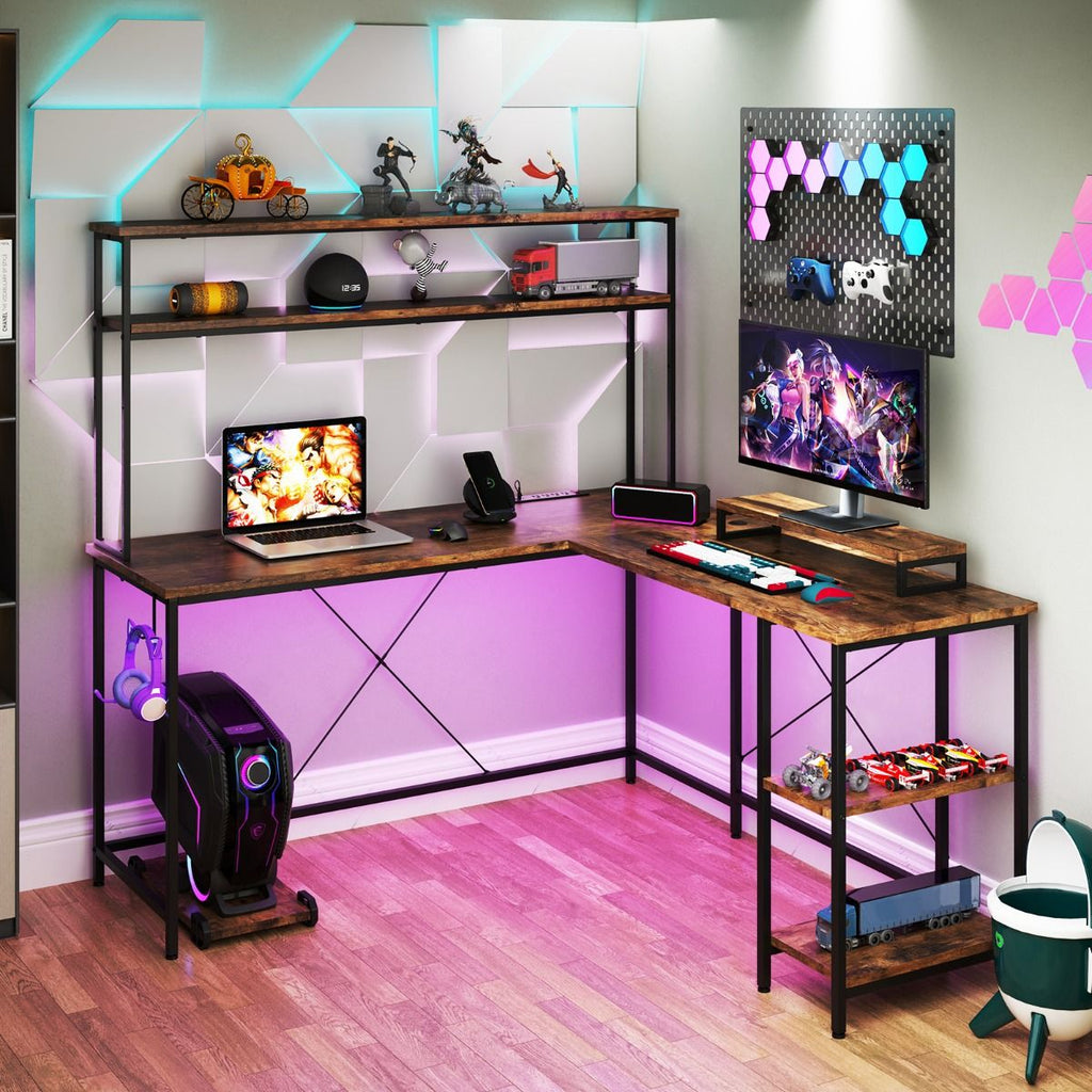 L-Shaped Gaming Desk with LED Strip and Power Outlets