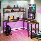 L-Shaped Gaming Desk with LED Strip and Power Outlets