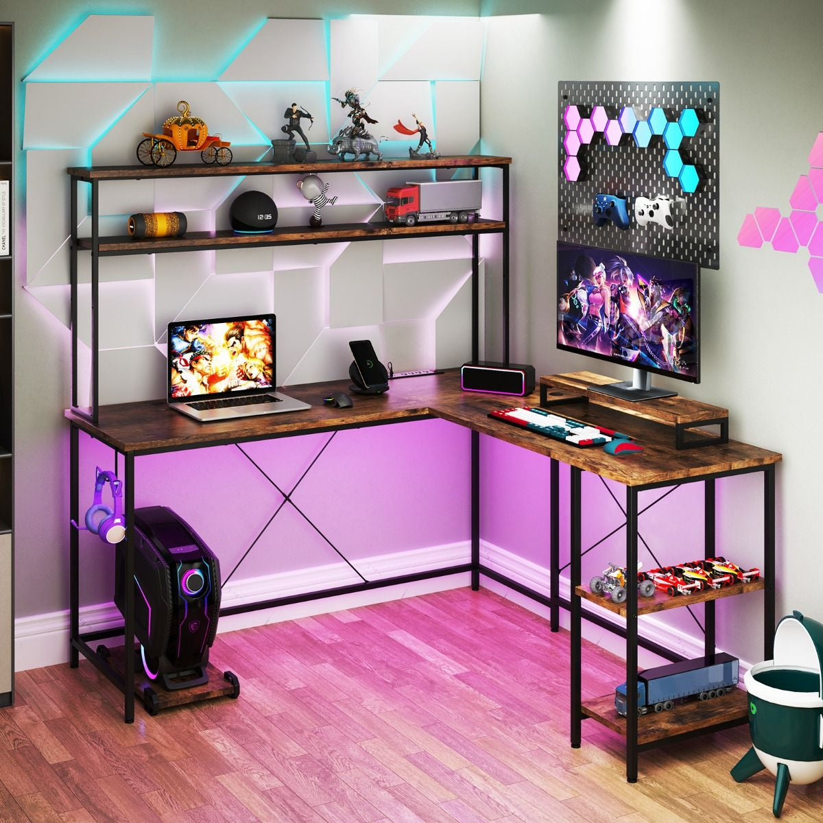 L-Shaped Gaming Desk with LED Strip and Power Outlets