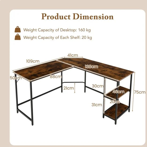Wood Effect L-Shaped Computer Desk Featuring 2-Tier Shelves - Ideal for Home Office or Bedroom